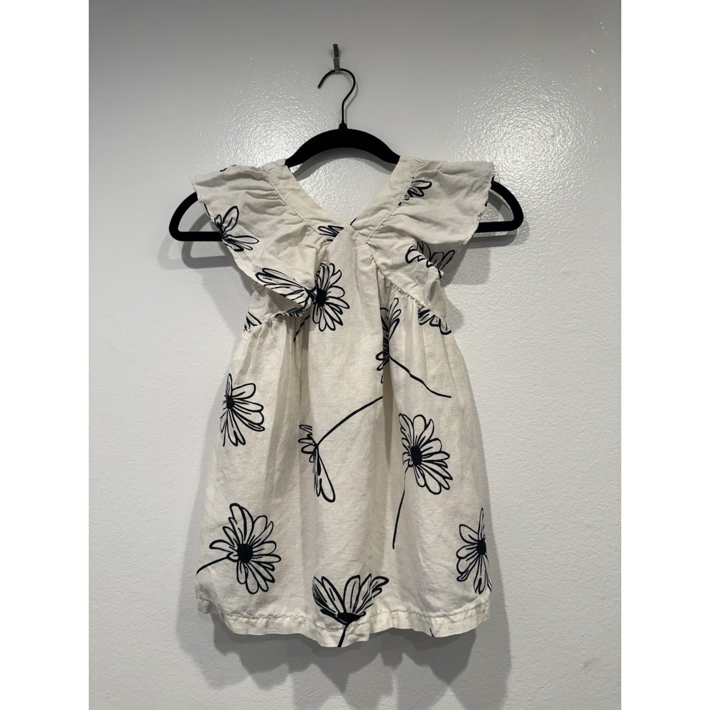 Zara Linen Blend Dress Floral Girls Sz 3 4 Ivory Black Ruffle Boho Coastal Retro